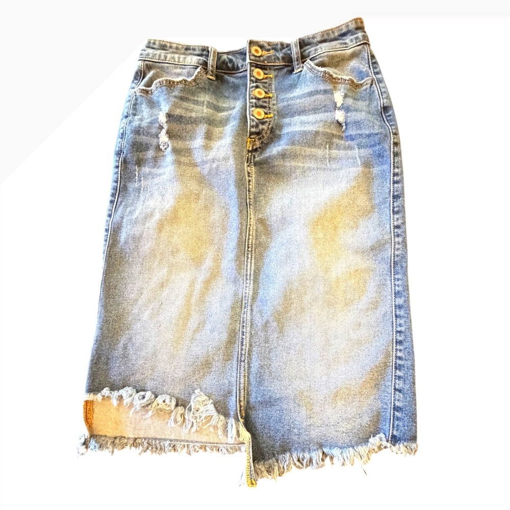 KanCan Distressed Denim Midi‎ Skirt Medium Wash Button Fly Frayed Hem KC8422M S